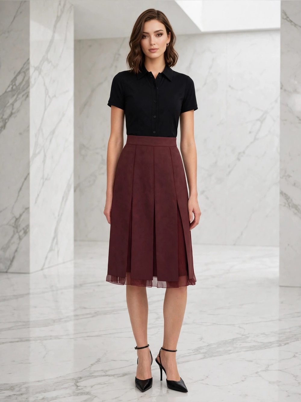 Authentic Prada Black Plum Pleated Midi Dress 38 US 2 Wool Silk